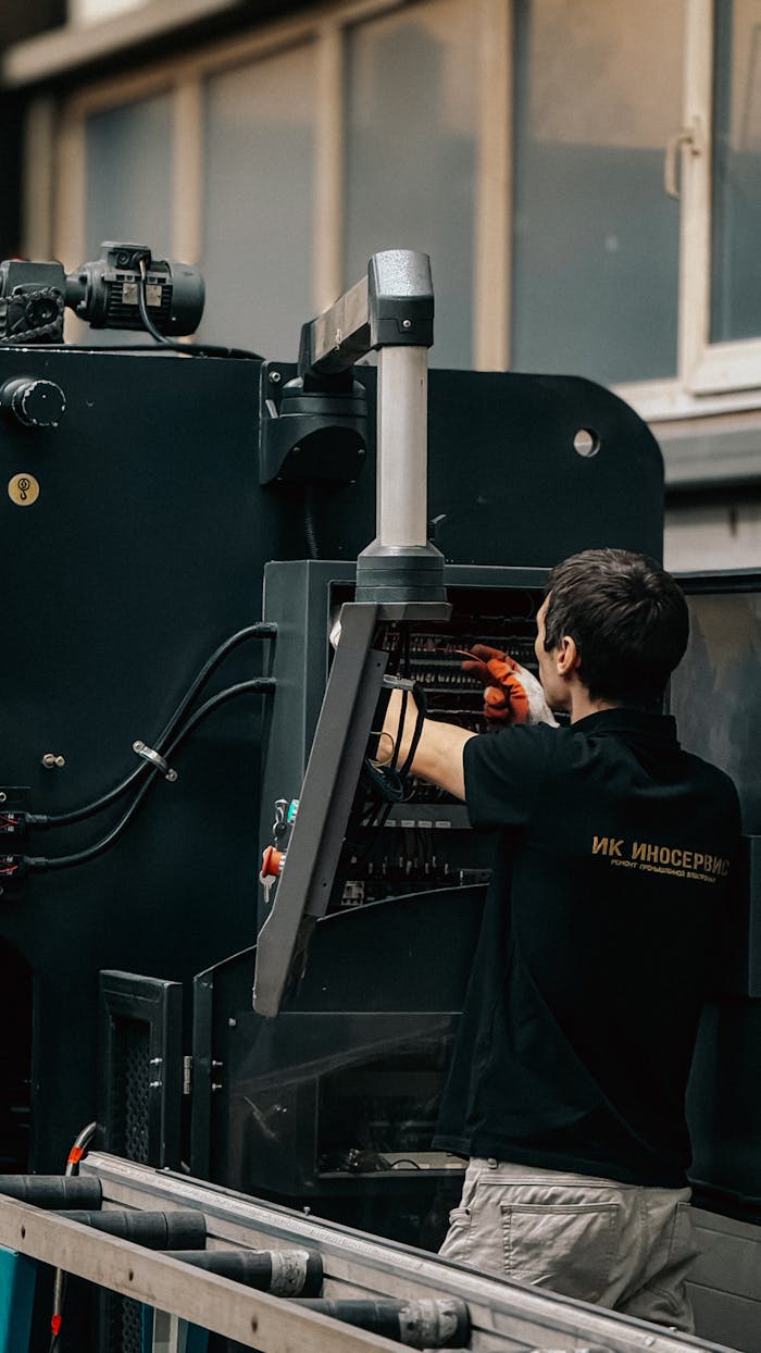 Technician working on complex industrial machinery inside a facility.
