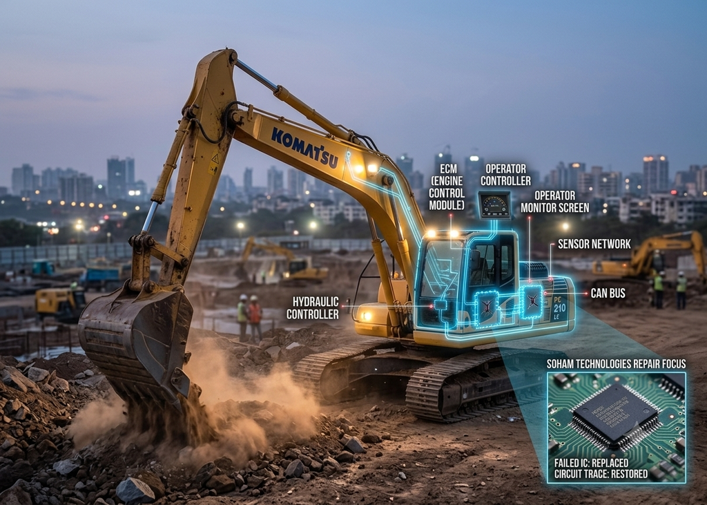 Komatsu Excavator ECU & Monitor Repair | Soham Tech Mumbai Komatsu hydraulic excavator operating on an active construction site